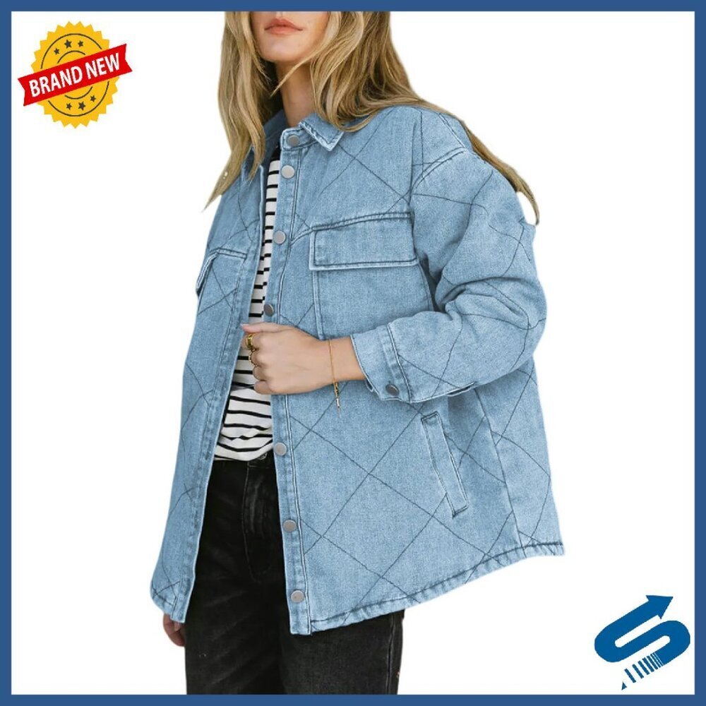 Oversized Denim Shacket with Pockets, Long Sleeve Button Down Jacket